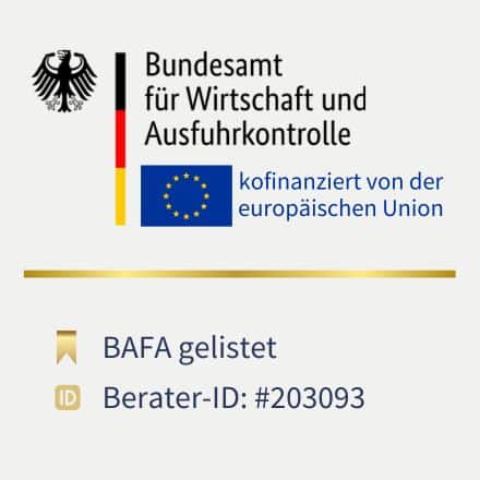 Logo des Bundesamts für Wirtschaft und Ausfuhrkontrolle (BAFA), kofinanziert von der Europäischen Union. Darunter steht 'BAFA gelistet' und 'Berater-ID: #203093'. Gründungsberatung. Gründungsberatung Berlin, Fördermittelberatung, Finanzierungsberatung, Businessplan erstellen lassen.